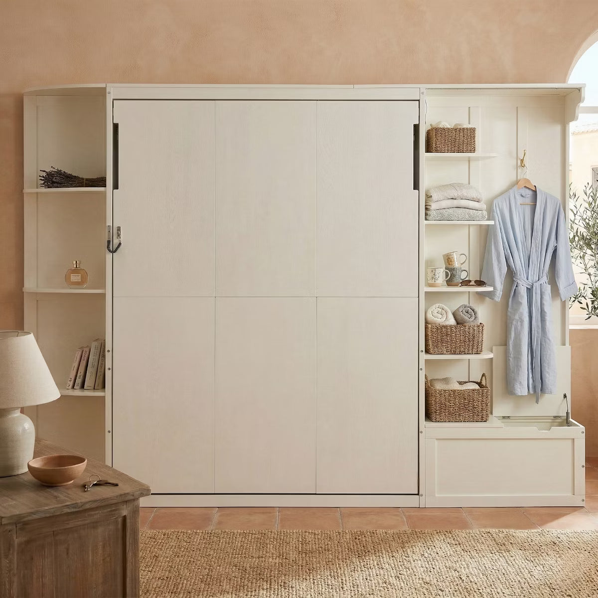 Polibi Queen Wall Bed with Side Bookshelves, Hidden Storage Chest, Reading Lights & Shelf LED Strip