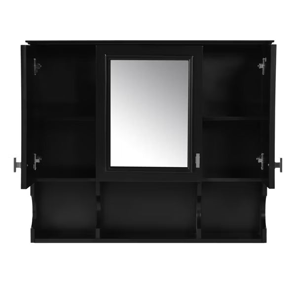 Polibi Modern Wall Mounted Bathroom Medicine Cabinet with Mirror, Open Shelves, Black