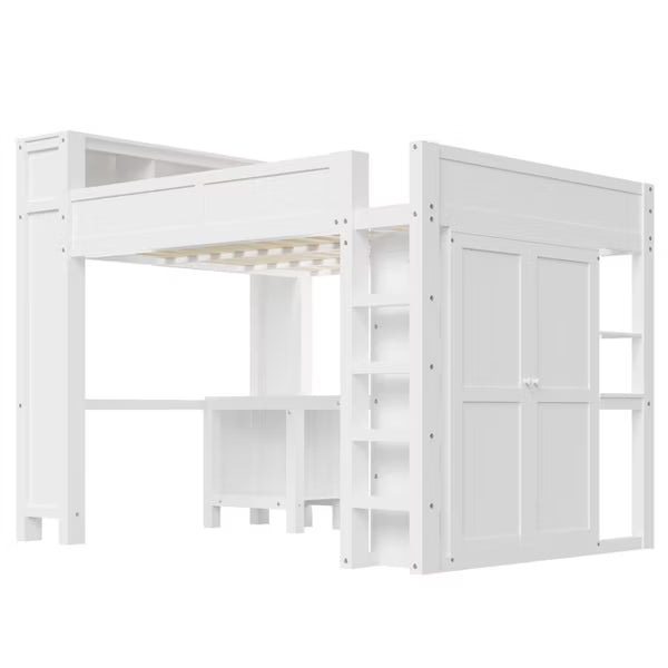 Polibi Queen Loft Bed with Built-in Wardrobe, Desk, USB Charging Headboard
