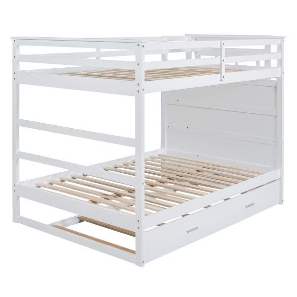 Polibi Full Over Full Bunk Bed with Pull-Out Twin Trundle, Storage Staircase & Safety Guardrails, White