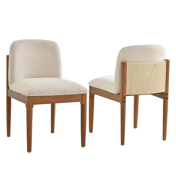 Polibi Modern Dining Chairs Set of 2, Woven Rope Backrest, Solid Wood Legs for Dining Room, Walnut