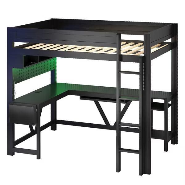 Polibi Full Size Gaming Loft Bed with Desk, Shelves, Outlets, USB Ports and 7-Color LED Light Strip