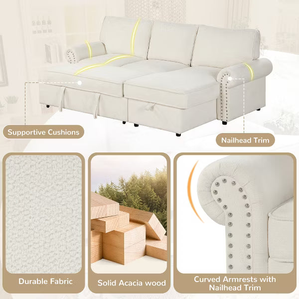Polibi Reversible Storage Chaise Sleeper Sectional Sofa with Pull-Out Bed & Cup Holder Console, Beige
