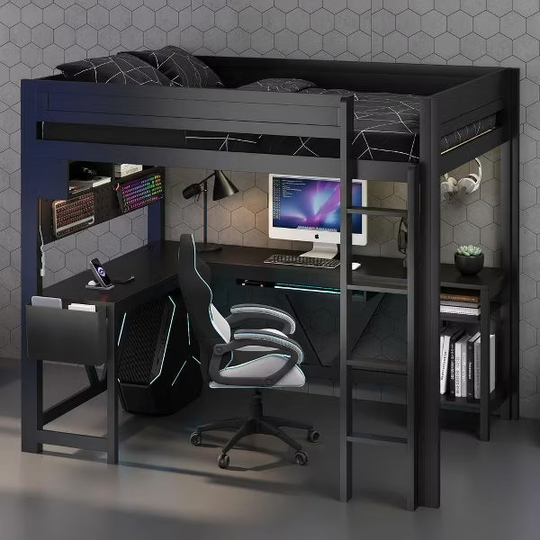 Polibi Full Size Gaming Loft Bed with Desk, Shelves, Outlets, USB Ports and 7-Color LED Light Strip