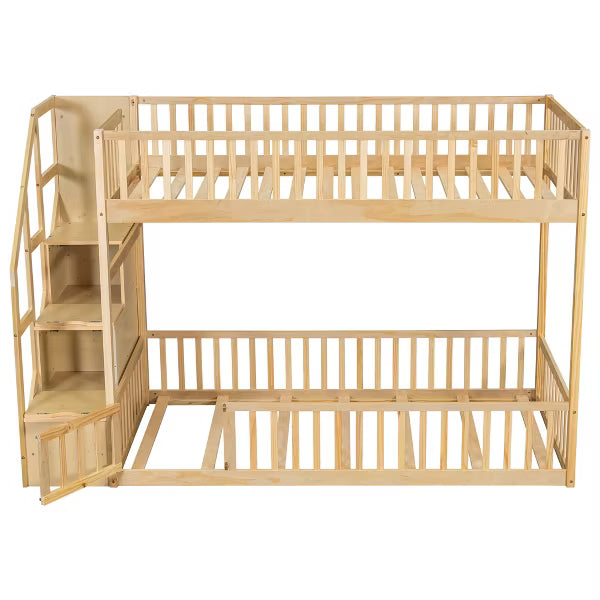 Polibi Low Bunk Bed with Fence-Style Rails and Built-In Storage Staircase