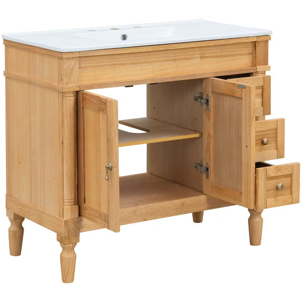 Polibi 36" Bathroom Vanity with Ceramic Sink, Soft Close Doors, Adjustable Shelves for Bathroom, Wood