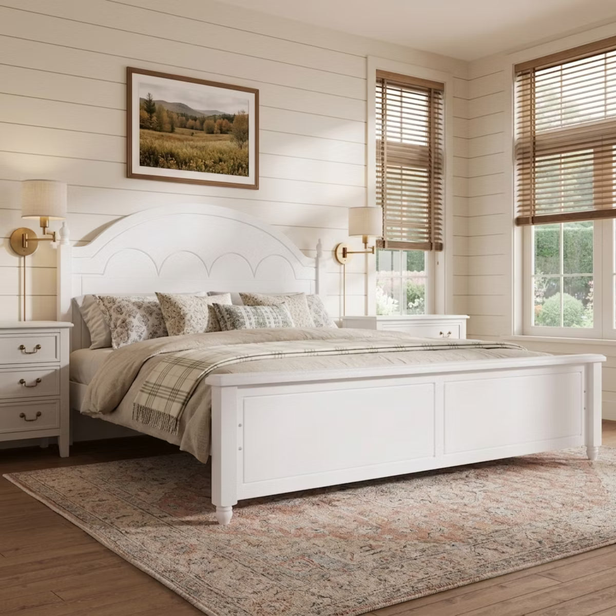 Polibi Wood Bed Frame with Paneled Footboard, King, White