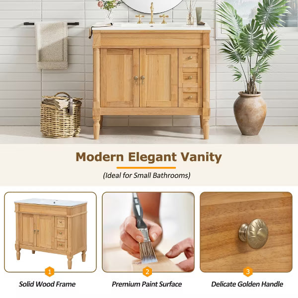 Polibi 36" Bathroom Vanity with Ceramic Sink, Soft Close Doors, Adjustable Shelves for Bathroom, Wood