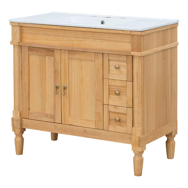 Polibi 36" Bathroom Vanity with Ceramic Sink, Soft Close Doors, Adjustable Shelves for Bathroom, Wood