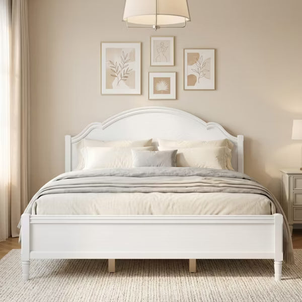 Polibi Solid Wood Platform Bed with Sculpted Headboard, King, White
