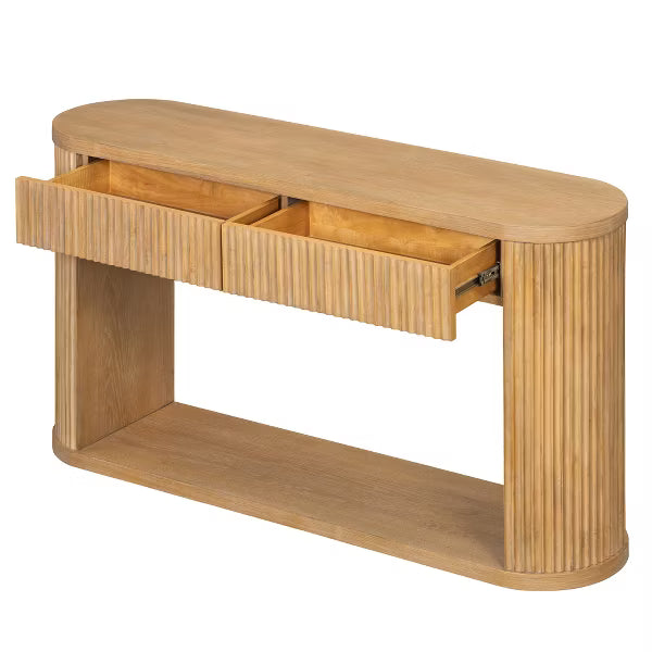 Polibi Modern Rustic Oval Fluted Console Table with 2 Drawers & Open Storage Shelf, Natural