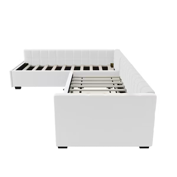 Polibi L-Shaped Convertible Upholstered Daybed with Trundle & Storage Drawer, Beige