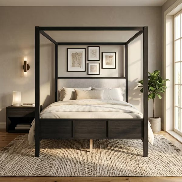 Polibi Modern Canopy Platform Bed with Upholstered Headboard, Queen, Black