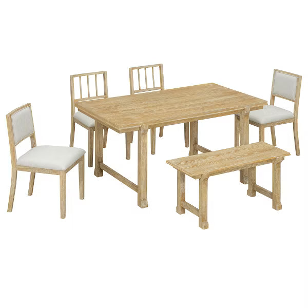 Polibi 6-Piece Dining Set with Oak Veneer Table, Natural Wood Wash & Beige