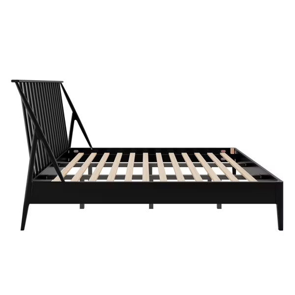 Polibi Boho Platform Bed Frame with Tall Slanted Headboard & Metal Support, King, Black