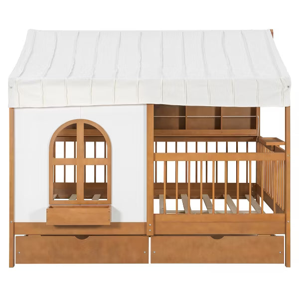 Polibi House Bed with Soft Tent Canopy, Bookshelf, Dual Drawers & USB Charging Ports