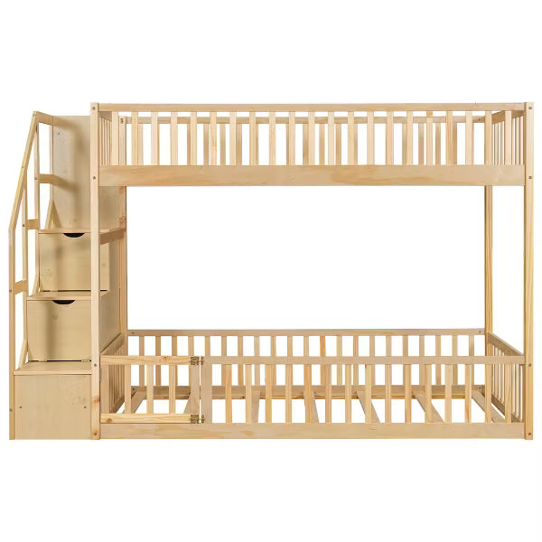 Polibi Low Bunk Bed with Fence-Style Rails and Built-In Storage Staircase