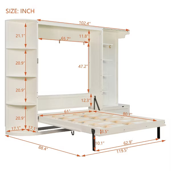 Polibi Queen Wall Bed with Side Bookshelves, Hidden Storage Chest, Reading Lights & Shelf LED Strip