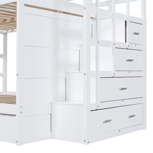 Polibi Full Over Full Bunk Bed with Pull-Out Twin Trundle, Storage Staircase & Safety Guardrails, White