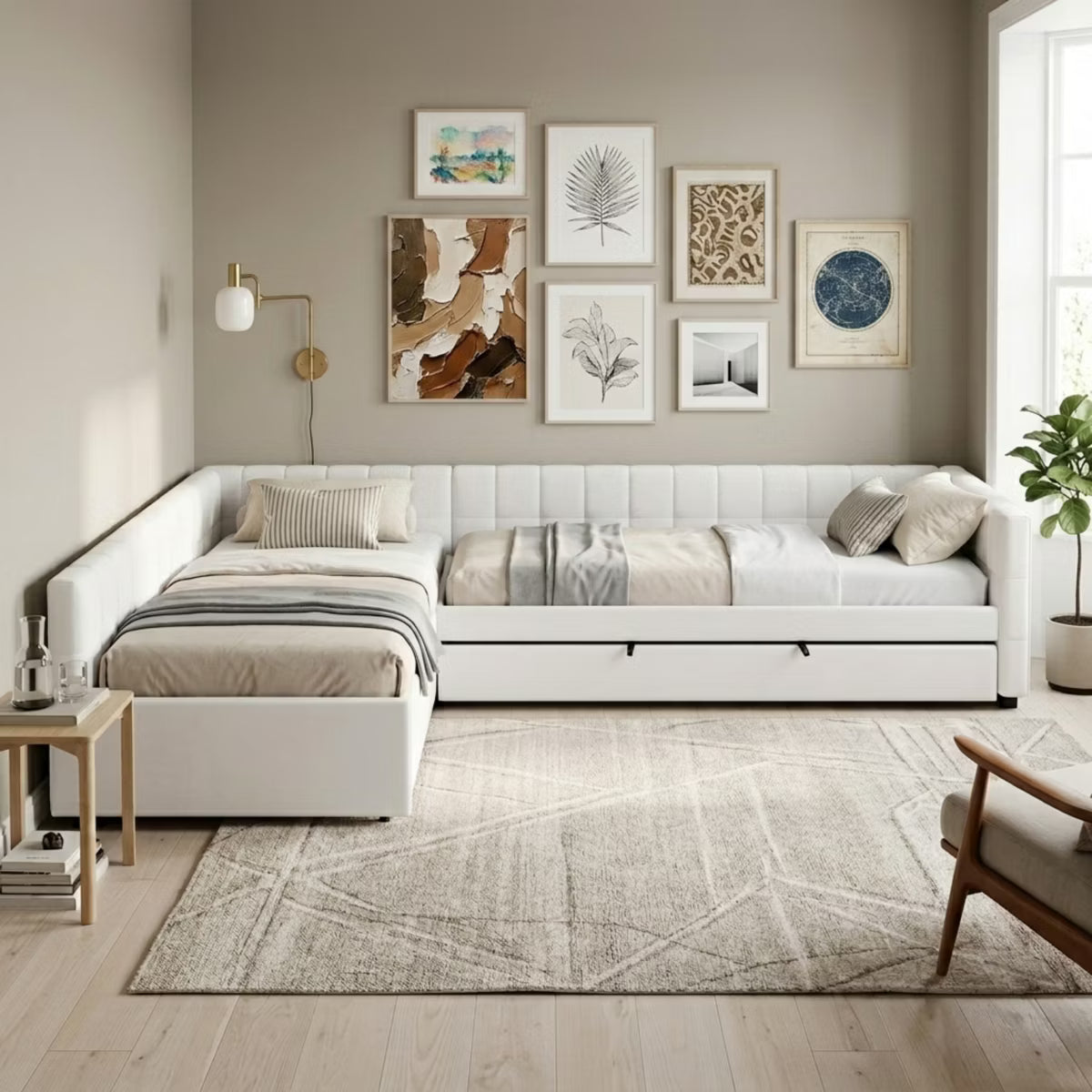 Polibi L-Shaped Convertible Upholstered Daybed with Trundle & Storage Drawer, Beige