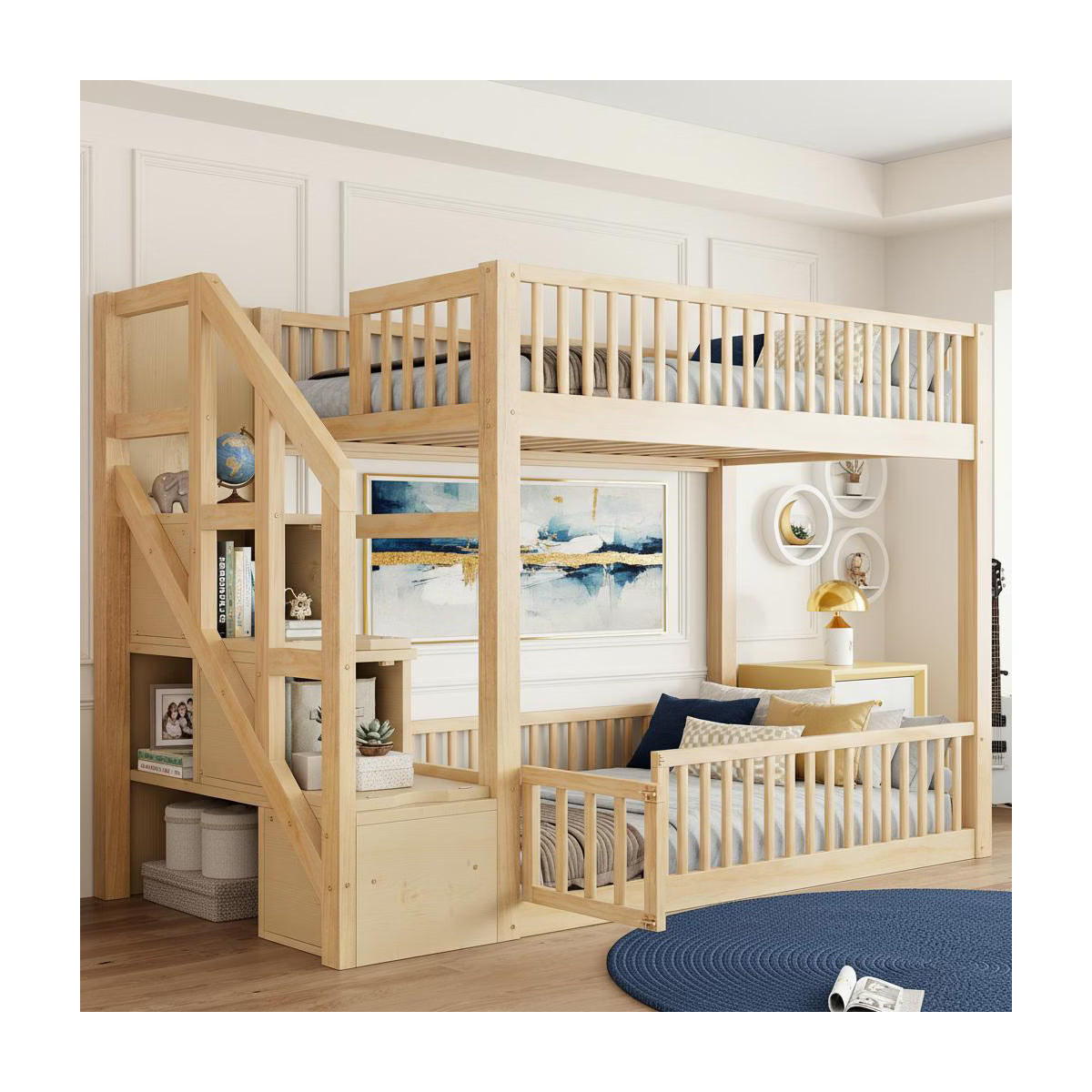 Polibi Low Bunk Bed with Fence-Style Rails and Built-In Storage Staircase