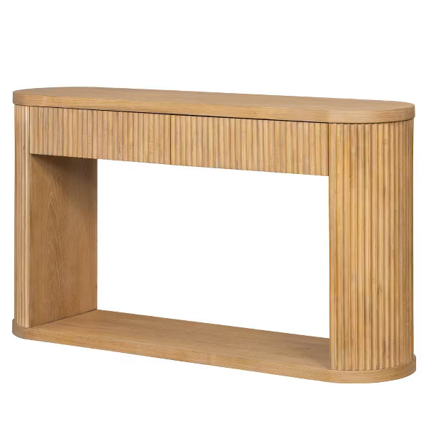Polibi Modern Rustic Oval Fluted Console Table with 2 Drawers & Open Storage Shelf, Natural
