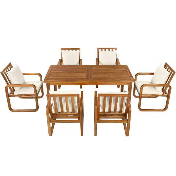 Polibi 7-Piece Acacia Patio Dining Set with Sculpted Loop Armchairs