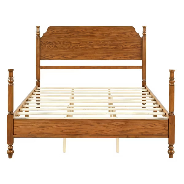 Polibi Spindle Post Bed Frame with Curved Wood Headboard, Queen, Walnut
