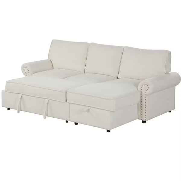 Polibi Reversible Storage Chaise Sleeper Sectional Sofa with Pull-Out Bed & Cup Holder Console, Beige