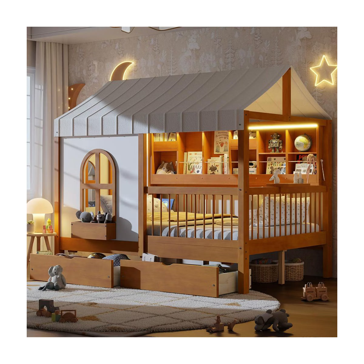 Polibi House Bed with Soft Tent Canopy, Bookshelf, Dual Drawers & USB Charging Ports