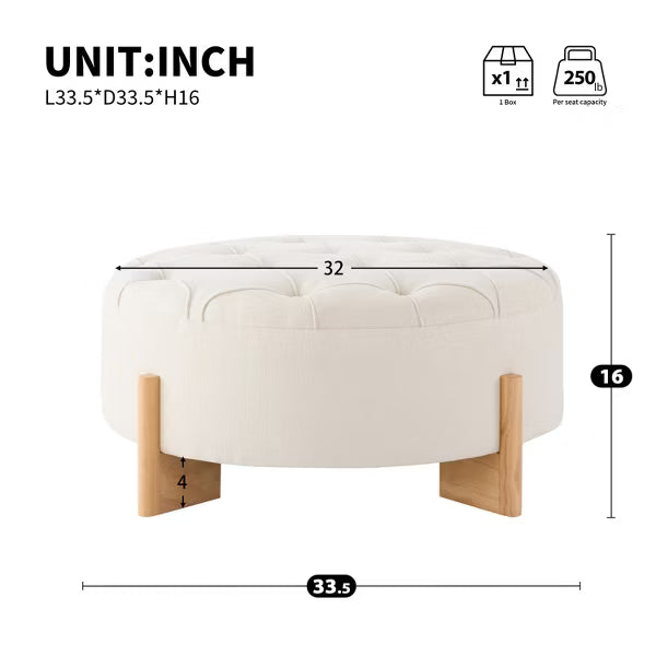 Polibi 32" Round Tufted Chenille Ottoman, Beige