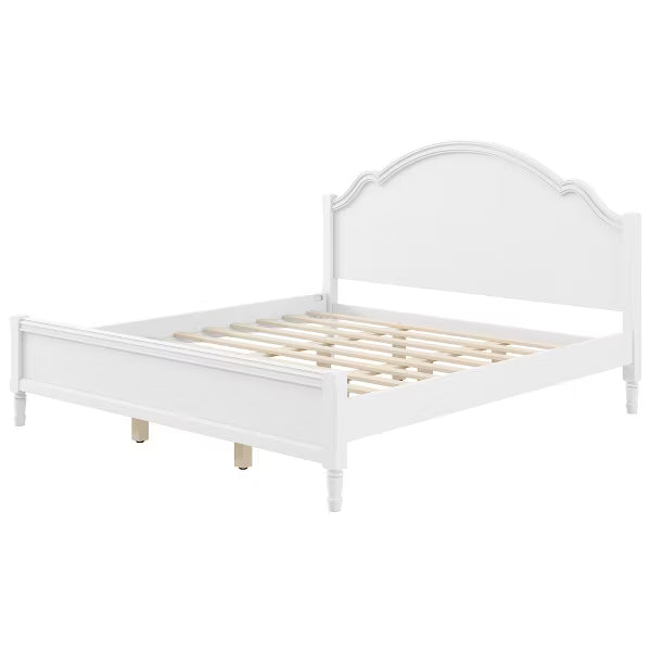 Polibi Solid Wood Platform Bed with Sculpted Headboard, King, White