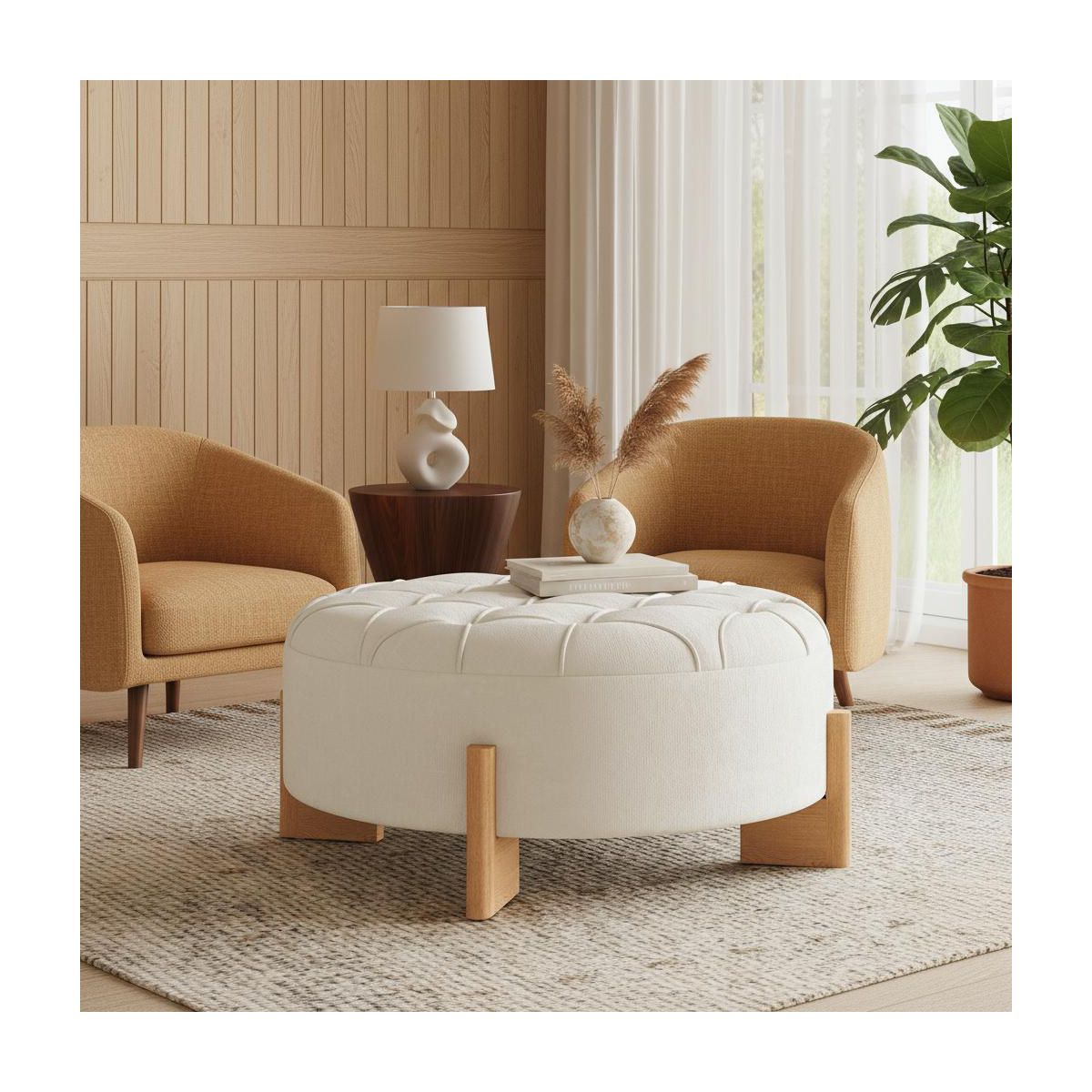 Polibi 32" Round Tufted Chenille Ottoman, Beige