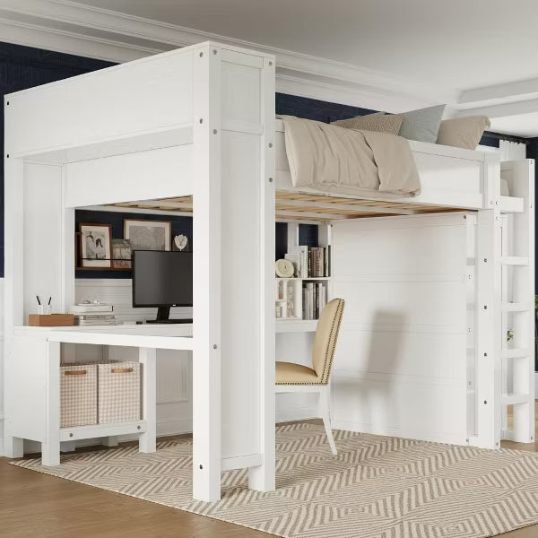 Polibi Queen Loft Bed with Built-in Wardrobe, Desk, USB Charging Headboard
