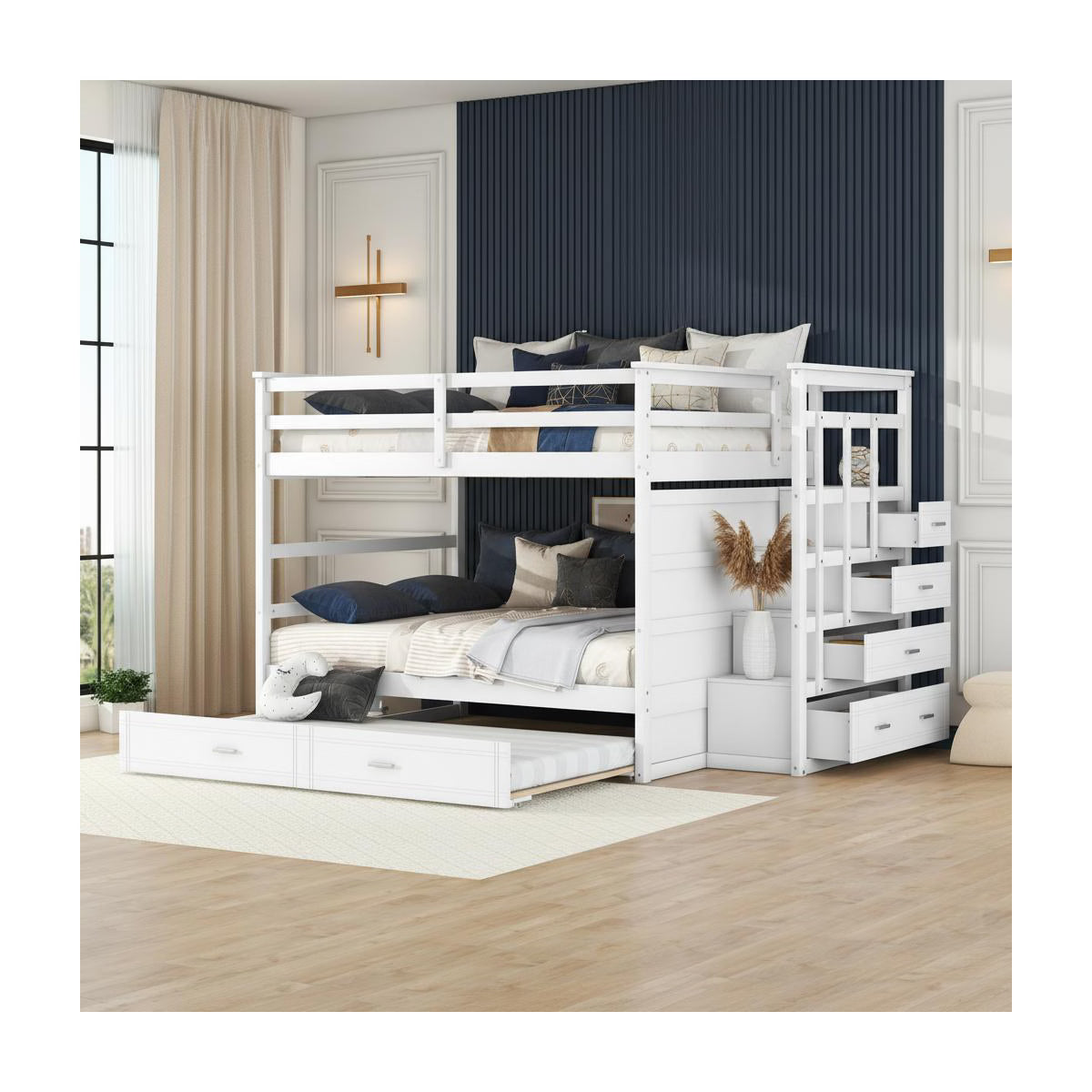 Polibi Full Over Full Bunk Bed with Pull-Out Twin Trundle, Storage Staircase & Safety Guardrails, White