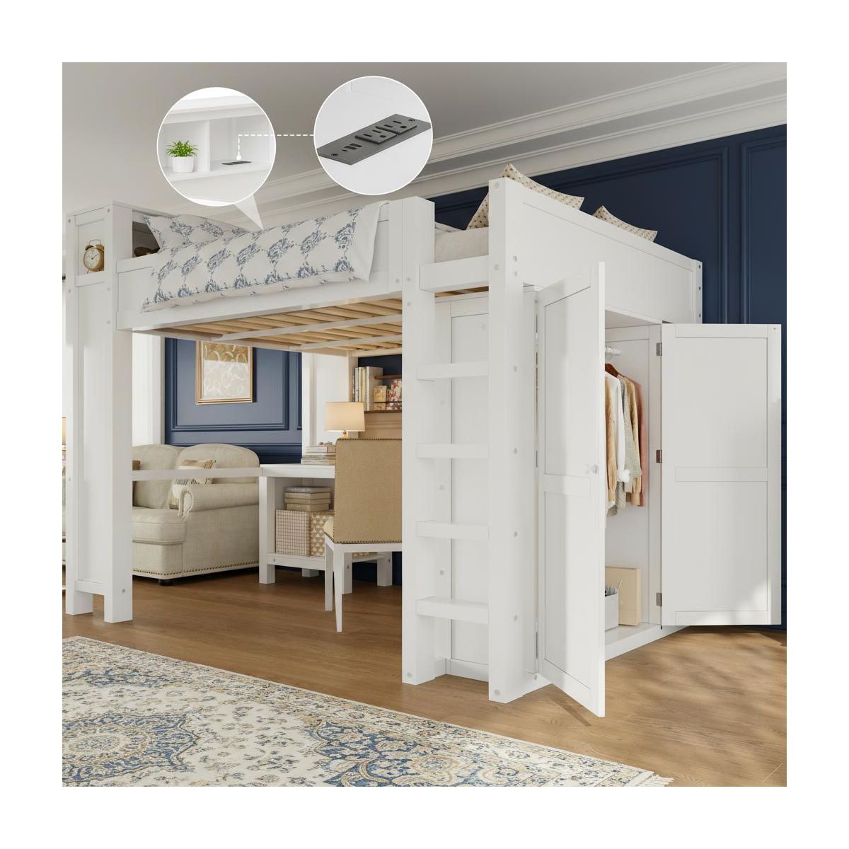 Polibi Queen Loft Bed with Built-in Wardrobe, Desk, USB Charging Headboard