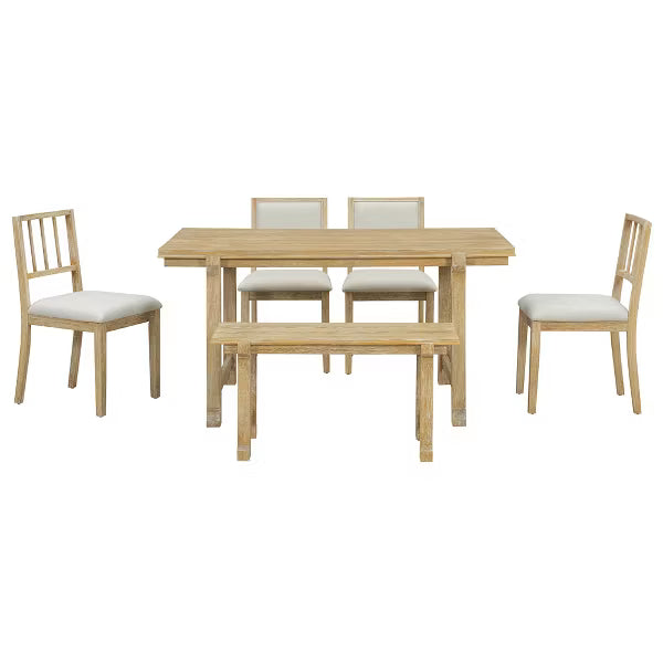 Polibi 6-Piece Dining Set with Oak Veneer Table, Natural Wood Wash & Beige