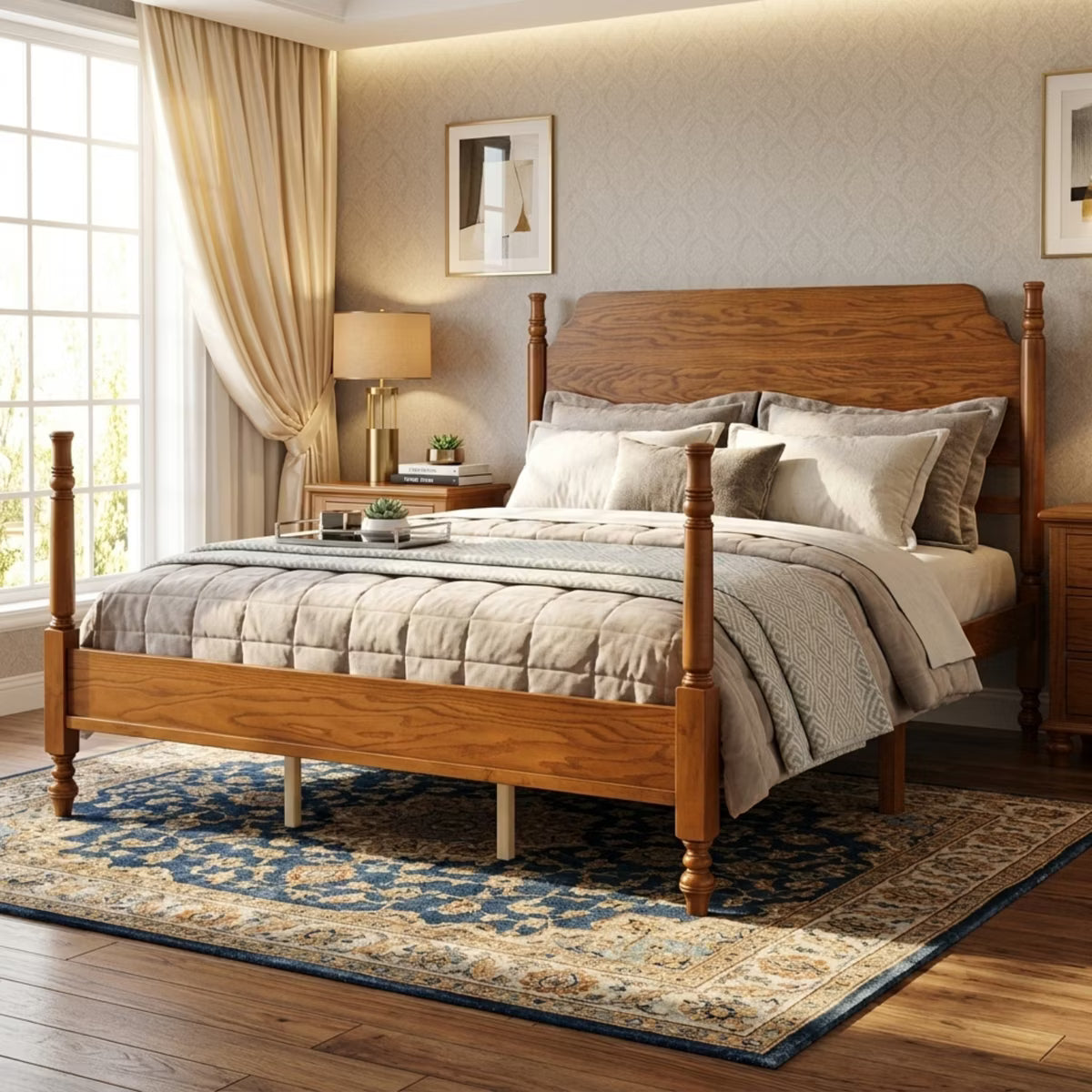 Polibi Spindle Post Bed Frame with Curved Wood Headboard, Queen, Walnut