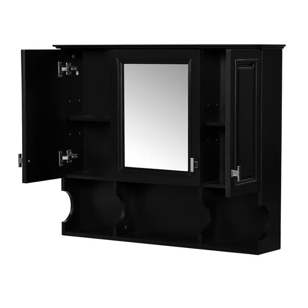 Polibi Modern Wall Mounted Bathroom Medicine Cabinet with Mirror, Open Shelves, Black