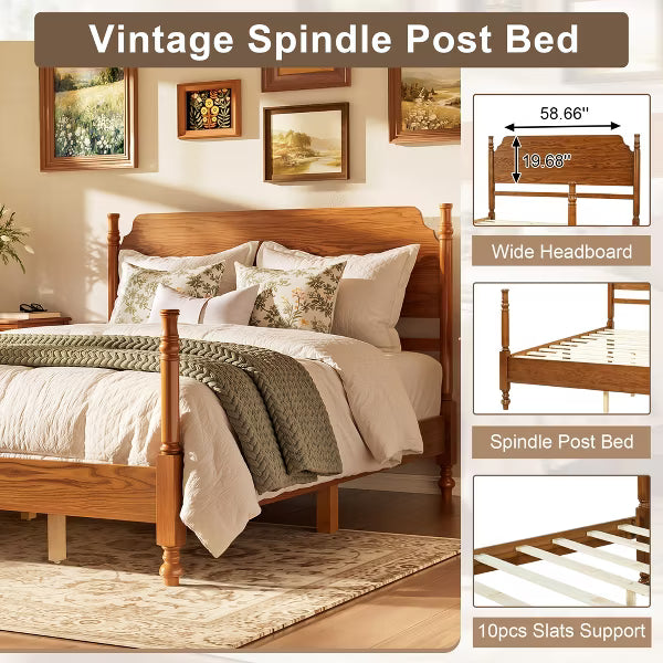 Polibi Spindle Post Bed Frame with Curved Wood Headboard, Queen, Walnut
