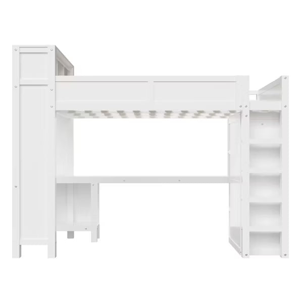 Polibi Queen Loft Bed with Built-in Wardrobe, Desk, USB Charging Headboard