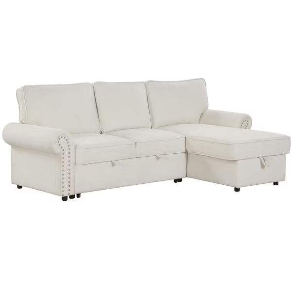 Polibi Reversible Storage Chaise Sleeper Sectional Sofa with Pull-Out Bed & Cup Holder Console, Beige