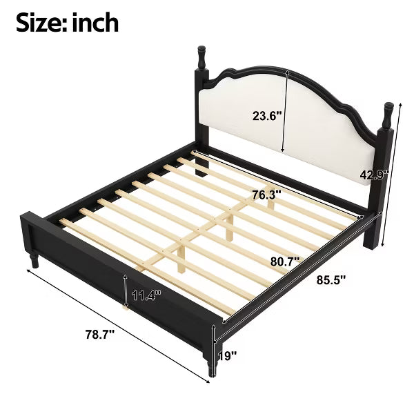 Polibi Wood Platform Bed with Upholstered Headboard, King, Beige+Black