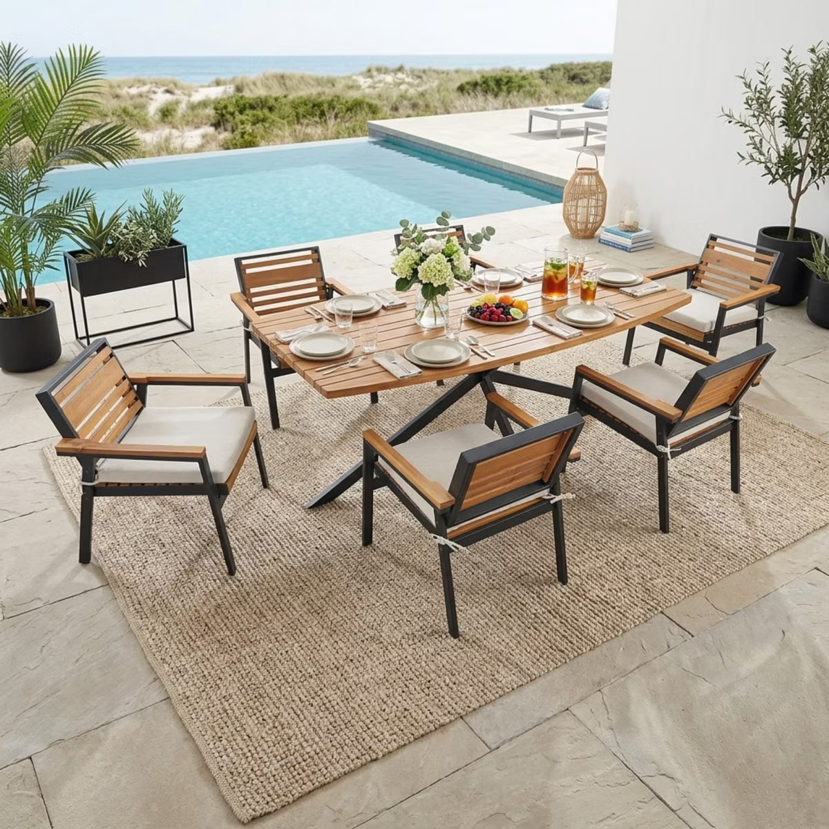 Polibi 7-Piece Acacia Wood Outdoor Dining Set with 74.8" Slatted Table & 6 Cushioned Armchairs, Beige