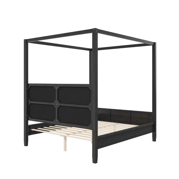 Polibi Modern Canopy Platform Bed with Upholstered Headboard, Queen, Black