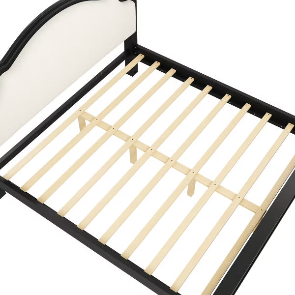 Polibi Wood Platform Bed with Upholstered Headboard, King, Beige+Black