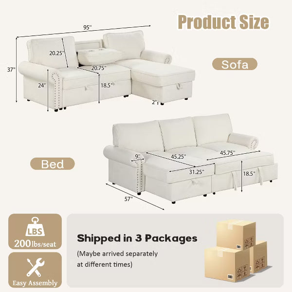 Polibi Reversible Storage Chaise Sleeper Sectional Sofa with Pull-Out Bed & Cup Holder Console, Beige