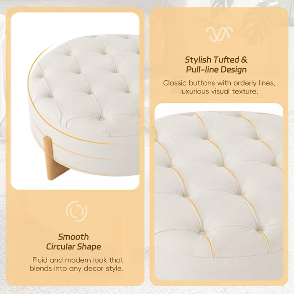 Polibi 32" Round Tufted Chenille Ottoman, Beige