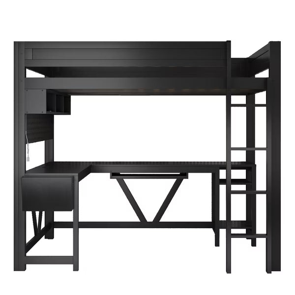 Polibi Full Size Gaming Loft Bed with Desk, Shelves, Outlets, USB Ports and 7-Color LED Light Strip
