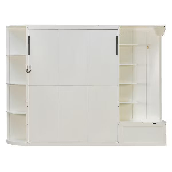 Polibi Queen Wall Bed with Side Bookshelves, Hidden Storage Chest, Reading Lights & Shelf LED Strip